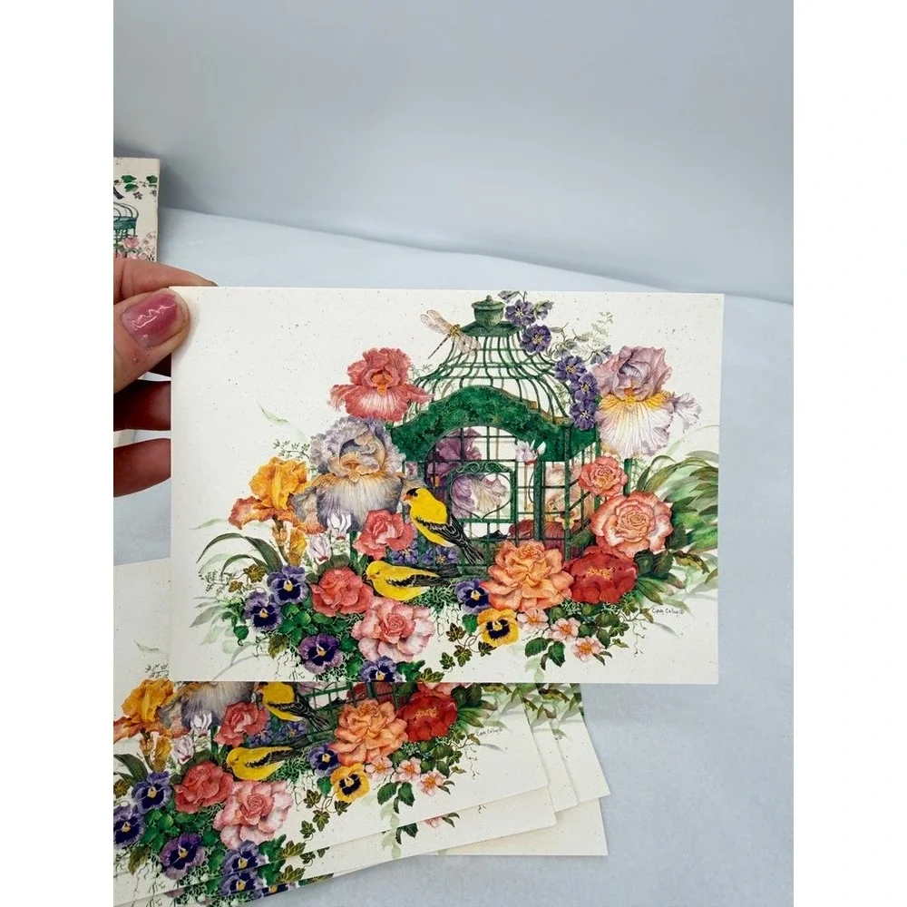 VTG Blank Note Cards Sunrise Cyndy Callog Birdcage Flowers Stationery Bird Art